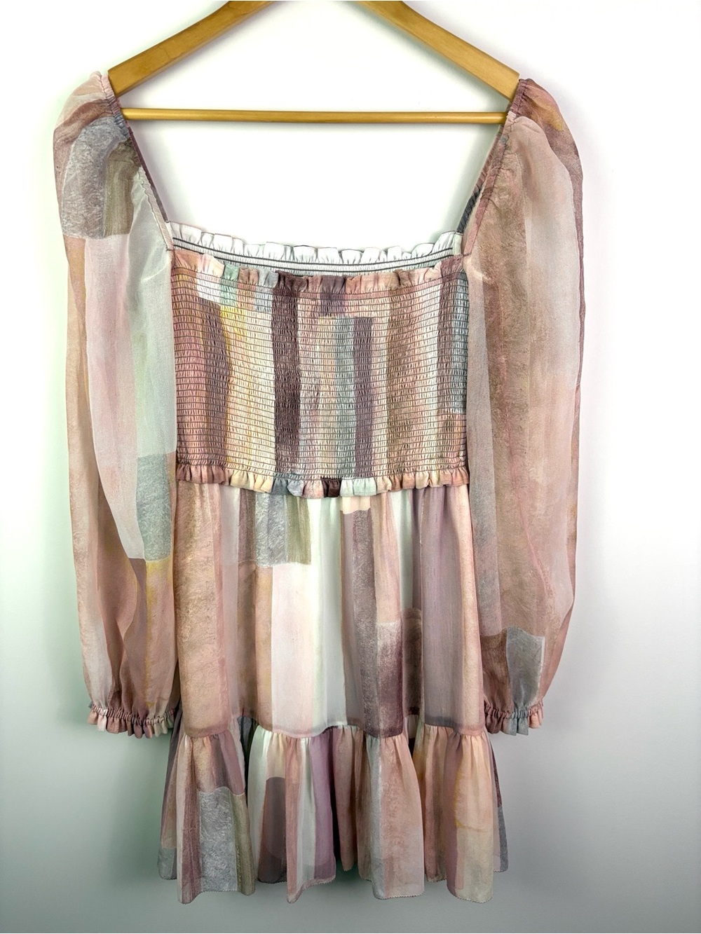 Aritzia Smocked Patchwork Mini Dress — Mauve & Blush Tones size S - Picture 3 of 14